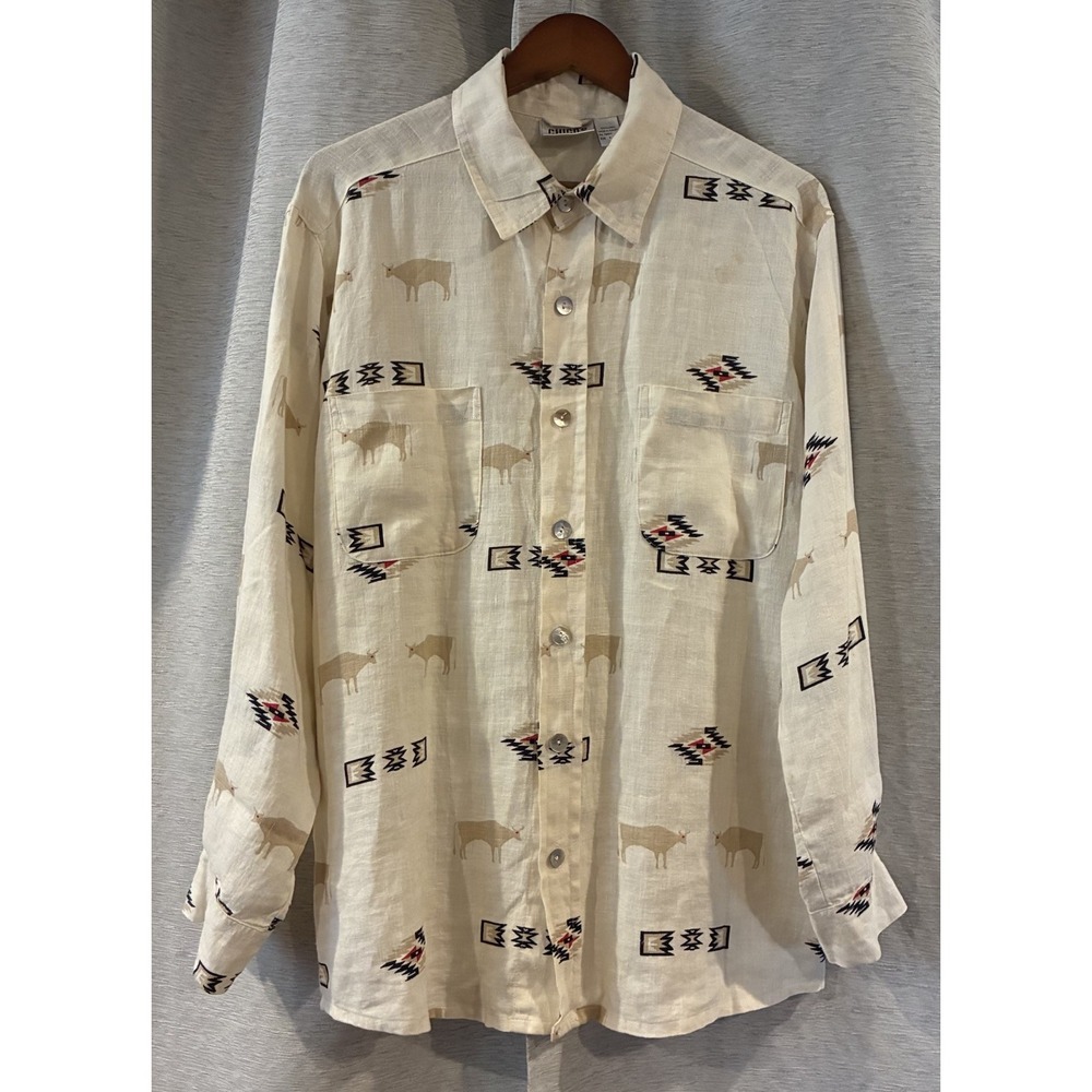 Vintage Western Native Chicos Design Button Up Plus Size 2 100% Linen